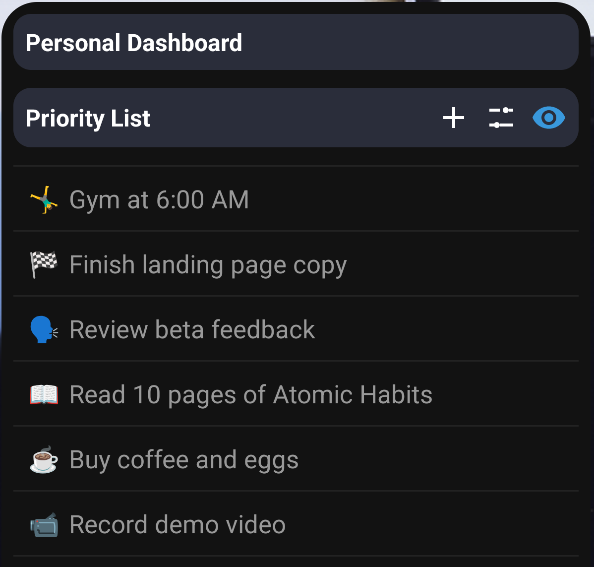 Personal dashboard custom widget placeholder preview